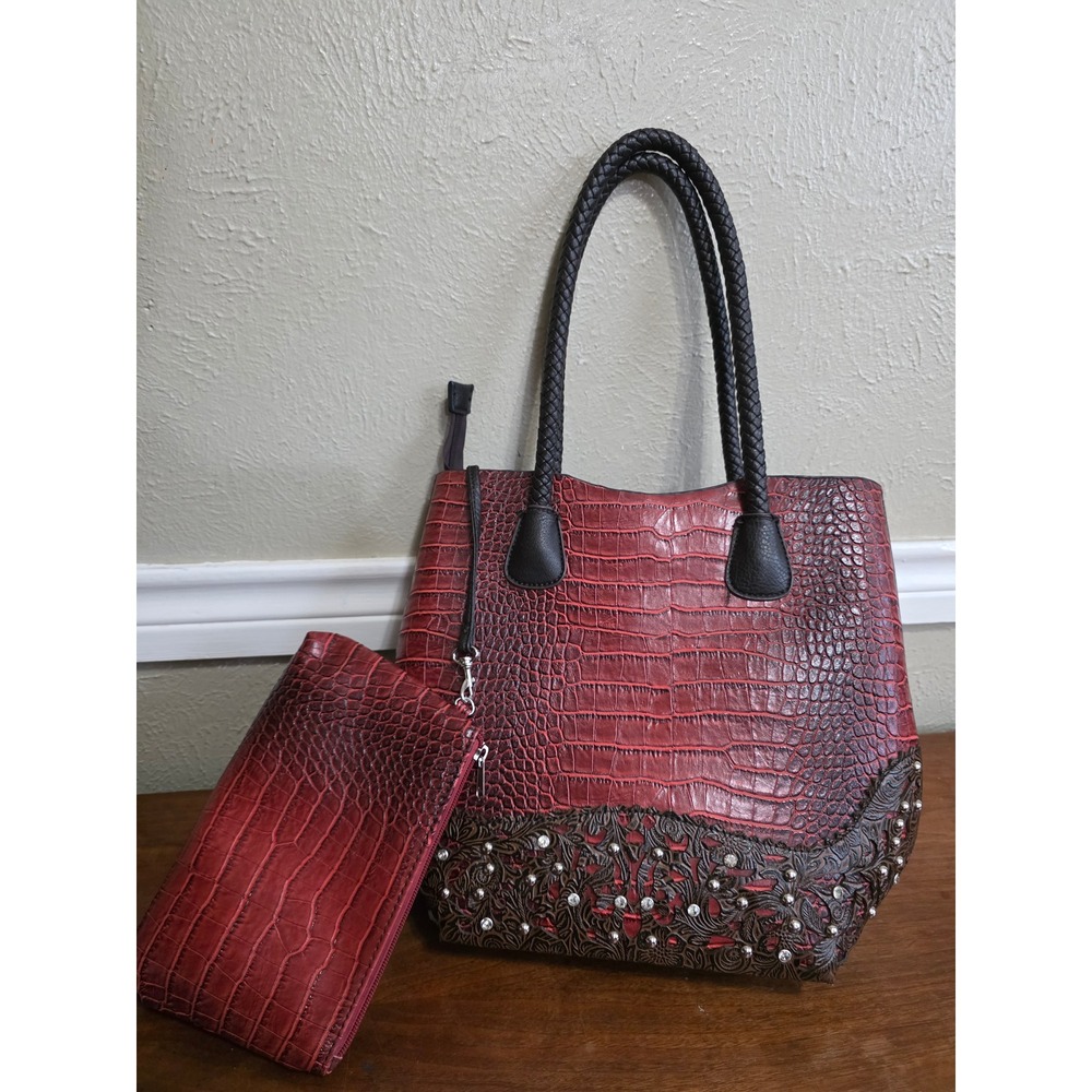 Red Croc Embossed Western Tote Bag and Wristlet Set Rhinestone Tooled Floral red